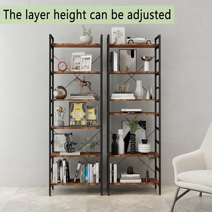 6 Tier Industrial Bookcase Shelf,Tall Bookshelf Industrial Corner Storage Organizer for Bedroom/Living Room/Home Office - Rustic Brown Modern Book Shelf for Books and Movies