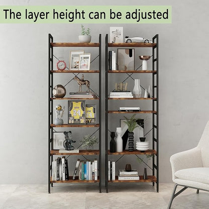 6 Tier Industrial Bookcase Shelf,Tall Bookshelf Industrial Corner Storage Organizer for Bedroom/Living Room/Home Office - Rustic Brown Modern Book Shelf for Books and Movies