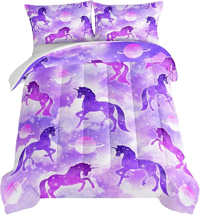 HOSIMA Purple Unicorn Bedding Sets for Girls Kids,3 Piece Soft Microfiber Galaxy Comforter Princess Crib Bedding Set Unicorn Bedroom Decor for Girls Room,Planet Cloud King Size Comforter Set.