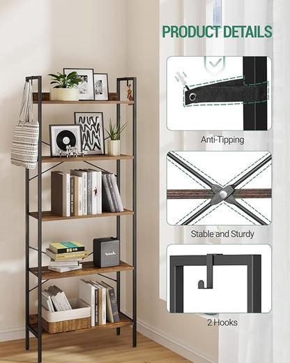 Bookshelf, Book Shelf, Industrial Bookcase with 2 Hooks, Coner Shelf Storage Organizer for Home Office, Living Room, Bedroom, Kitchen, 5-Tier Rustic Brown BC22501B