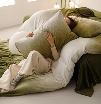 Green White Comforter Set Velvet Full Gradient Olive Green Bedding Comforter Women Plain White and Army Green Gradient Soft Quilt Flannel Dark Green Comforter Warm Full Bed Comforter