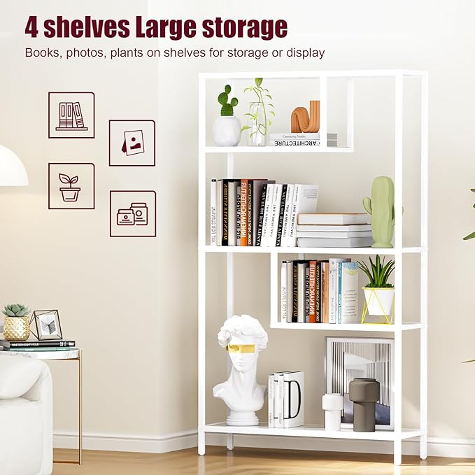 HOME BI Geometric Bookshelf, Tall Modern Etagere Bookcase, Industrial Metal Book Shelf with 5 Open Display Shelves for Office Living Room, White