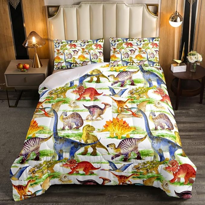 Erosebridal Dinosaur Comforter Set Kawaii Dino Bedding Set for Kids Girls Boys Teens Bedroom Decor, Retro Animal Duvet Insert Watercolor Wildlife Soft Microfiber Quilt with 1 Pillow Case, Twin