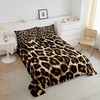 Black Brown Leopard Print Comforter Set Women Cheetah Printed Bedding Set Men Africa Animal Wildlife Duvet Set for Kids Girls Teens Bedroom Decor Luxury Home Hotel Room Soft Comforter King Size 3Pcs