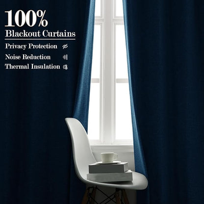 Blue Pinch Pleat 100% Blackout Drapes Linen Blend, Room Divider, Room Darkening, Energy Saving, Furniture Protecting, Light Blocking Extra Wide Privacy Curtains, 240Wx84L, 1 PC