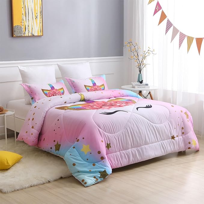 Unicorn Full Bedding Sets for Girls Kids Comforter Set Full Size with 2 Pillowcases Pink and Rainbow Unicorn Room Decor for Girls Bedroom Ultra Soft Machine Washable Toddler Bed Set