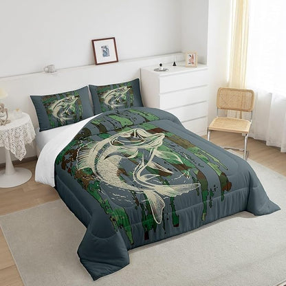 Feelyou Bass Fish Comforter Set King Size Green Camouflage Bedding Set for Fishing Lover Gifts Boys Girls Camo Pike Fish Fishing Comforter Wild Fisherman Bed Set Rustic Cabin Bedroom Decor
