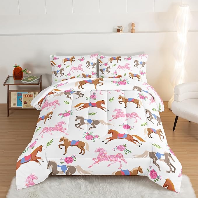 HOSIMA Kawaii Pink Rose Horse Twin Comforter Princess Toddler Bedding Set,Cute Animal Horse Bedding Girls Teens Aesthetic Room Decor,Cowboy Cowgirl Colorful Pony Twin Bed in a Bag.