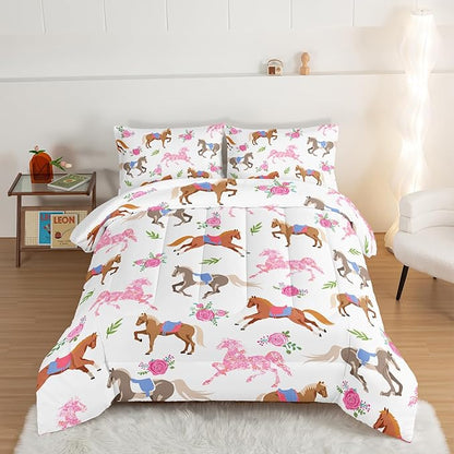 HOSIMA Kawaii Pink Rose Horse Twin Comforter Princess Toddler Bedding Set,Cute Animal Horse Bedding Girls Teens Aesthetic Room Decor,Cowboy Cowgirl Colorful Pony Twin Bed in a Bag.