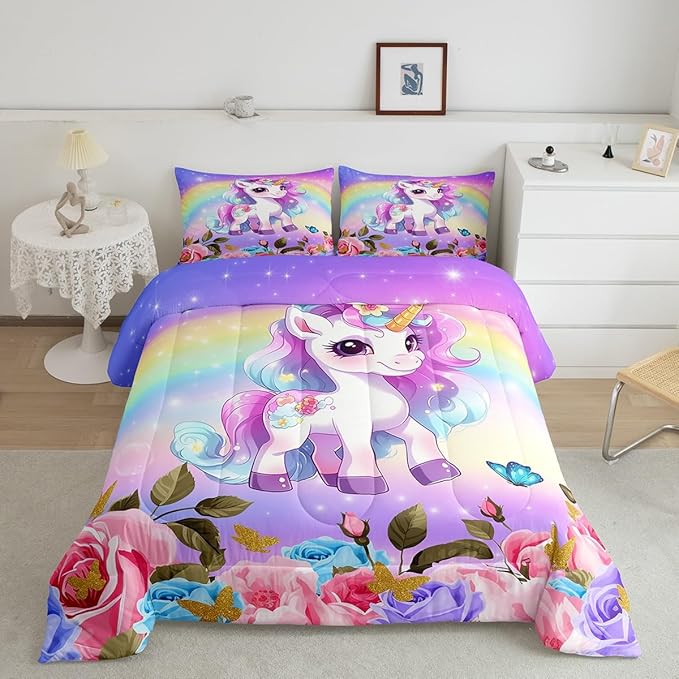 Cute Unicorn Kids Comforter Set Queen Size,Rainbow Starry Sky Roses Dreamy Bedding Set,Girls Women Room Decor,Cartoon Animals Flowers Down Comforter,Pink Purple Unique Duvet Insert,2 Pillowcases