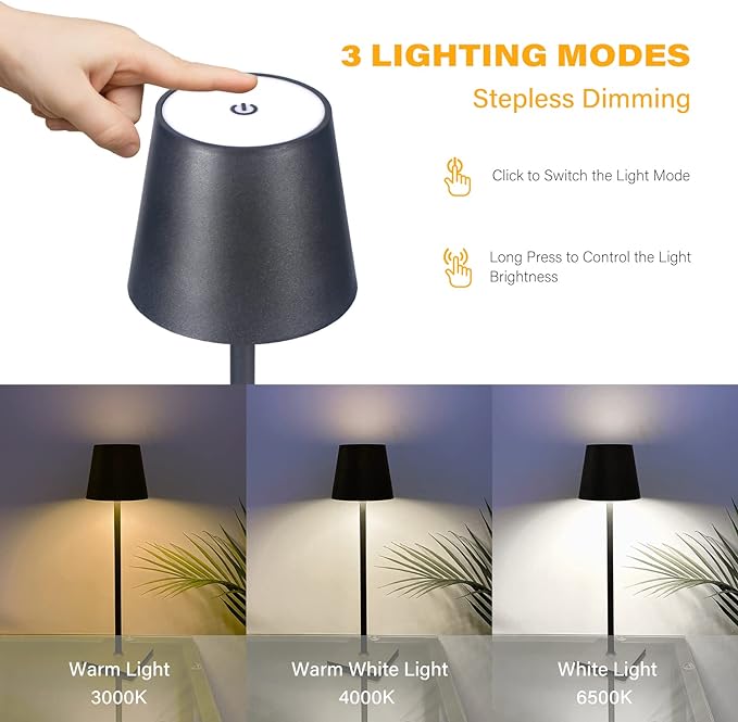2 Pack Cordless Table Lamps, 3 Colors Stepless Dimming, 5000mAh Rechargeable Battery LED Desk Lamp for Bedroom/Couple Dinner/Desk/Cafe/Dining Room/Terrace