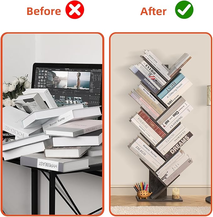 10 Tier Tree Book Shelf, Floor Standing Wood Bookshelf for Narrow Space, Storage Organizer Bookshelves for Books/CDs/Magazine, Bookcase with Shelves for Home Office, Living Room - Dark Grey