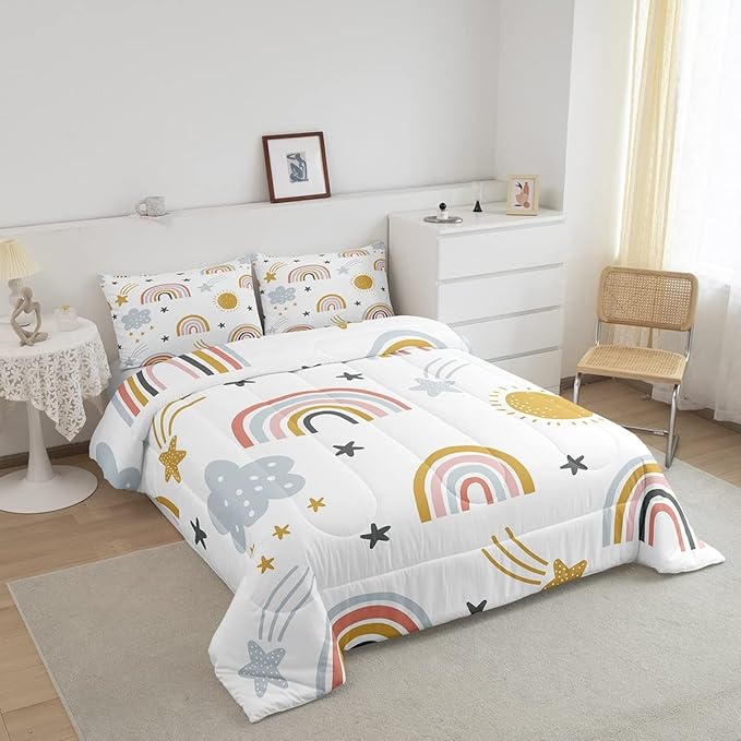 Erosebridal Girls Rainbow Bedding Set, Sun and Stars Comforter Set Twin Size for Kids Boys Children Cartoon Style Cloud Bedding Comforters Girly Soft Microfiber Duvet Insert for Bedroom Decor