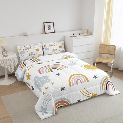 Erosebridal Girls Rainbow Bedding Set, Sun and Stars Comforter Set Full Size for Kids Boys Children Cartoon Style Cloud Bedding Comforters Girly Soft Microfiber Duvet Insert for Bedroom Decor