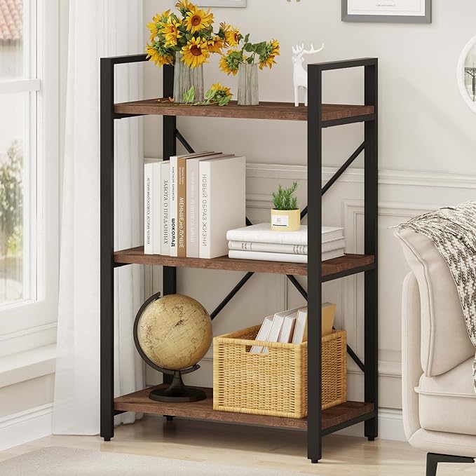 BON AUGURE 3 Tier Industrial Bookshelf, Office Small Open Book Shelf for Small Space, Short Wooden Etagere Bookcase (Rustic Oak)