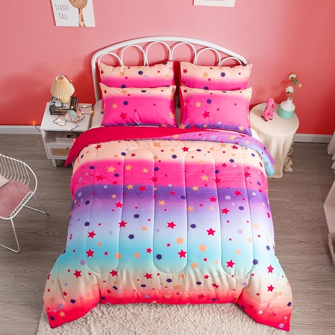 Full Comforter Set for Girls Rainbow Bedding Set 3 Pieces with Multicolor Stars Pink Comforter Set Full Size with Pillowcase for Kids, Teenagers