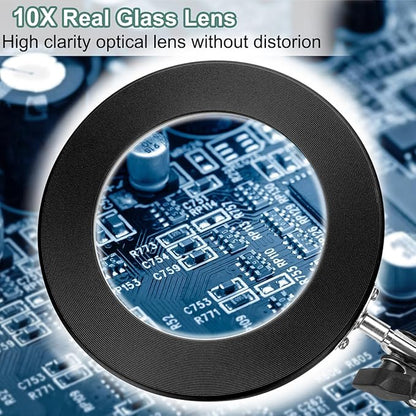 10X Magnifying Glass with Light, Krstlv Real Glass Lens Desk Lamp & Clamp, 3 Color Modes Stepless Dimmable, Hands Free LED Lighted Magnifier with Light and Stand for Reading Crafts Repair Close Works