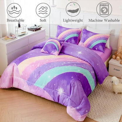 6 Pcs Kids Comforter Set Queen Size for Girls, 3D Colorful Rainbow Galaxy Bed in A Bag, Gradient Purple Glitter Bedding Comforter Collection for All Season