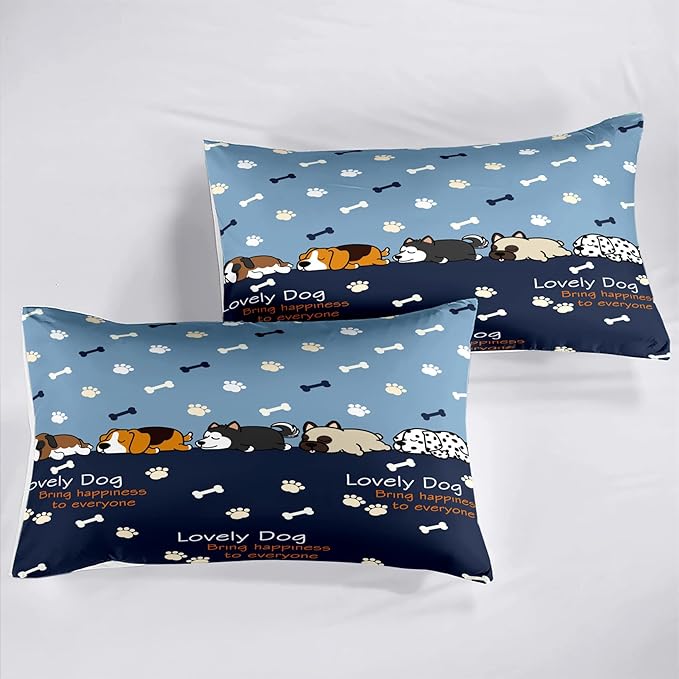 Cute Cartoon Dog Comforter Set 3Pcs Full Comforter Set for Boys Lovely Puppy Patterns Bedding Set Fun Animal Lover Comforter Lovely Dog Paw Bones Quilt with 2 Pillowcases, Full Size