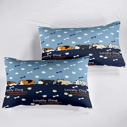 Bedding Set, 3Pcs Cartoon Dog Comforter Set for Boys, Queen Size, Lovely Puppy Patterns, Fun Animal Lover Quilt with 2 Pillowcases