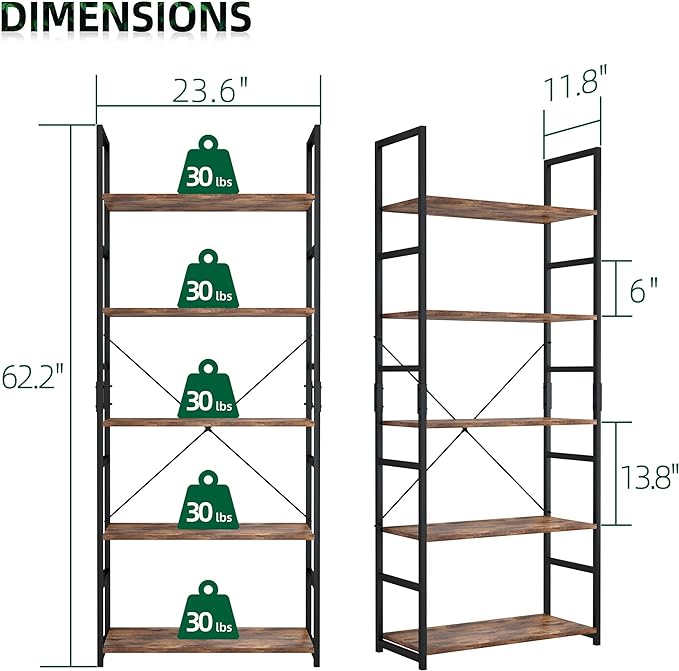 OTK 5 Tier Bookshelf, Tall Bookcase, Office Shelf Storage Organizer, Modern Book Shelf for Living Room, Bedroom, and Home Office, Vintage