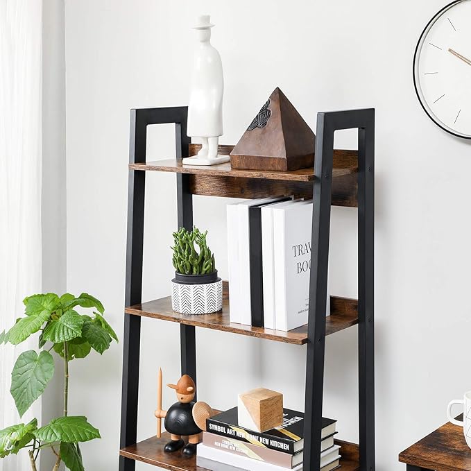 VASAGLE Bookshelf, 4-Tier Bookcase, Ladder Shelf for Home Office, Living Room, Bedroom, Kitchen, Rustic Brown and Ink Black ULLS054X01