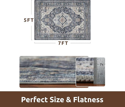 AMOAMI-Area Rug 5X7 Rugs for Living Room-Vintage Soft Blue Rugs for Bedroom-Non Slip Carpet-Machine Washable Rug for Dining Room Living Room Bedroom Office Under Table