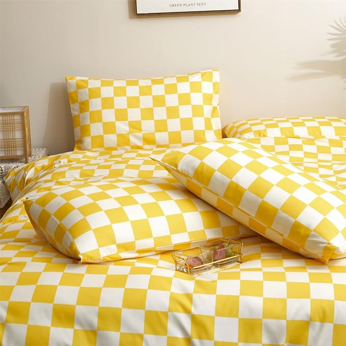 Yellow White Grid Comforter Set Twin Yellow Plaid Bedding Set Girls Yellow and White Checkered Bed Comforter Set Breathable Blanket Set Kids Durable Bedding Comforter Set