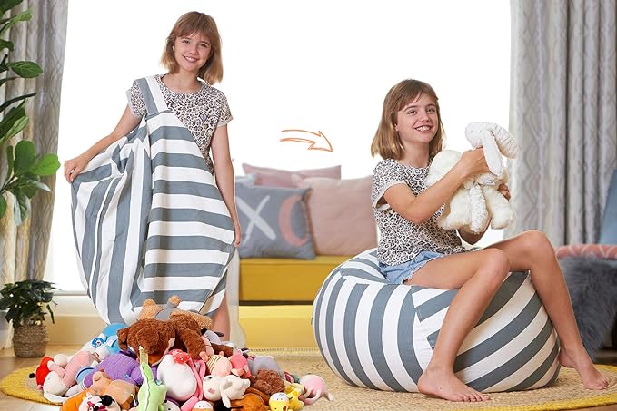 Aubliss Stuffed Animal Bean Bag Storage Chair, Beanbag Covers Only for Organizing Plush Toys, Turns into Bean Bag Seat for Kids When Filled, Large 38"-Canvas Stripes Grey/White