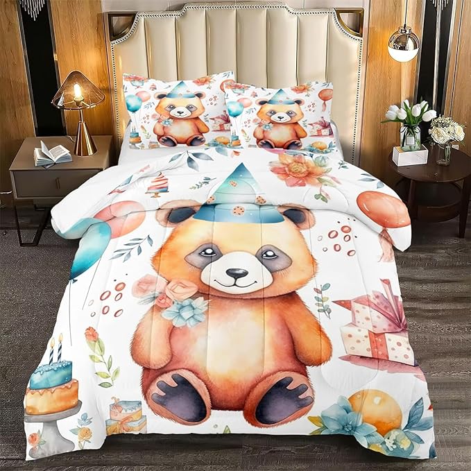 Panda Comforter Set Queen Size, Cute Brown Panda Pattern Queen Size Comforter Set, Kawaii Cute Animal Printed Kids Bedroom Decor, 3Pcs Bedding Set Printed Comforter with 2 Pillowcases, All Season