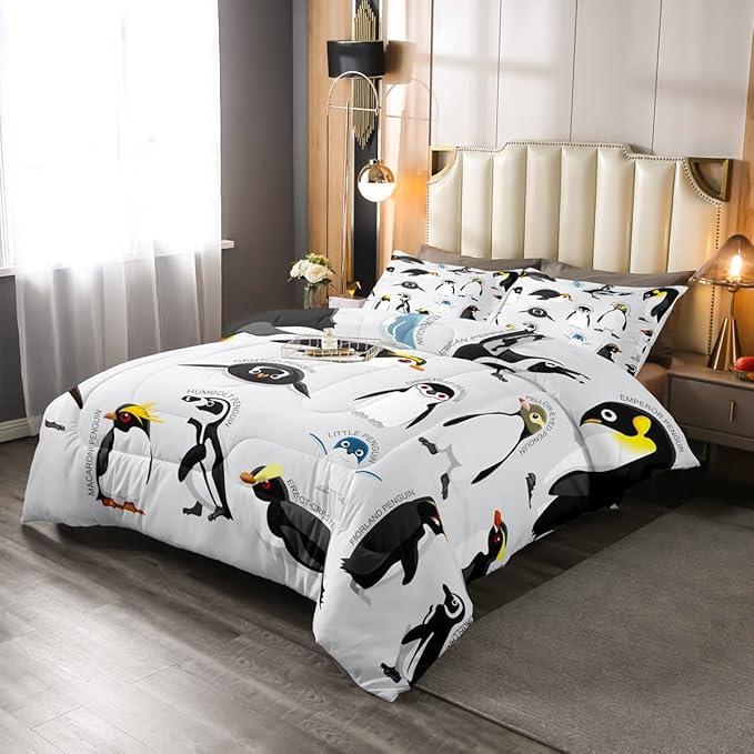 Erosebridal Penguin Comforter Set Twin Size,Black White Penguins Bedding Set Cute Animal Down Comforter for Kids Boys Girls Teens,Wildlife Grey Bedding Quilted Sets with 1 Pillow Case Bedroom Decor