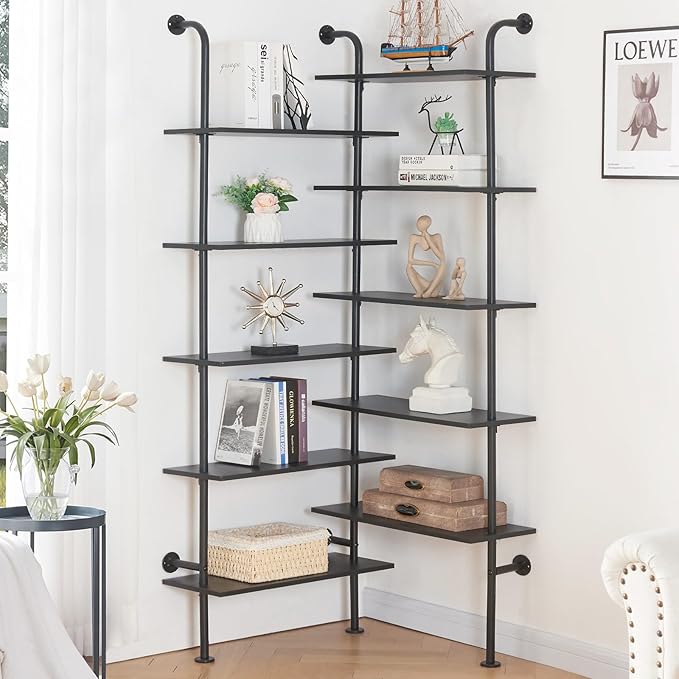 HOMBAZAAR Bookshelf,10-Tier L Shaped, Industrial Double Wide Wall Mount, Modern Bookcase with Metal Frame and Wood, Industrial Corner Pipe Shelf for Living Room and Office, Black