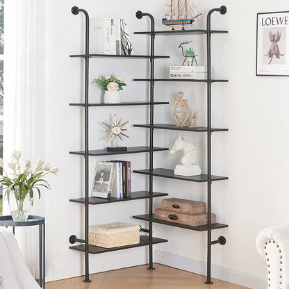 HOMBAZAAR Bookshelf,10-Tier L Shaped, Industrial Double Wide Wall Mount, Modern Bookcase with Metal Frame and Wood, Industrial Corner Pipe Shelf for Living Room and Office, Black