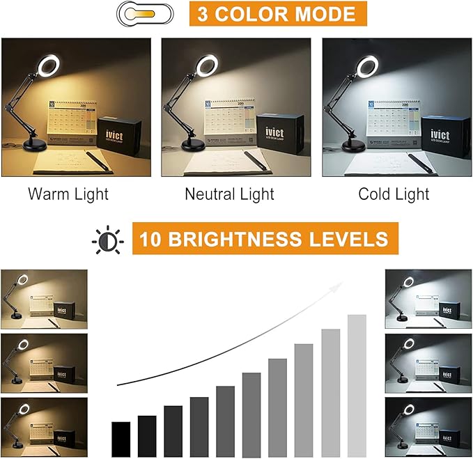 DLLT Dimmable Swing Arm Desk Lamp with Clamp, 68 LED Flexible Architect Work Lamp, 3 Colors 10 Brightness, Adjustable Desk Lamp, Multi-Joint Table Lamp for Study, Office, Computer, Art, Work Lighting