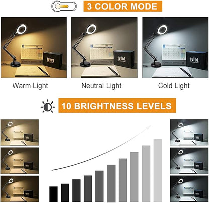 DLLT Dimmable Swing Arm Desk Lamp with Clamp, 68 LED Flexible Architect Work Lamp, 3 Colors 10 Brightness, Adjustable Desk Lamp, Multi-Joint Table Lamp for Study, Office, Computer, Art, Work Lighting