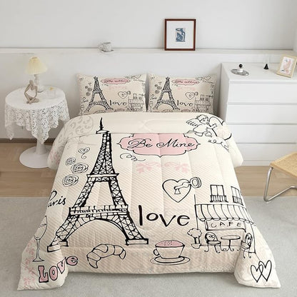 Feelyou Eiffel Tower Comforter Set Paris Tower Comforter for Girls Romantic Rose Chic Paris Bedding Set Paris Cityscape Printed Heart Love Duvet Set Room Decor Quilt King Boys