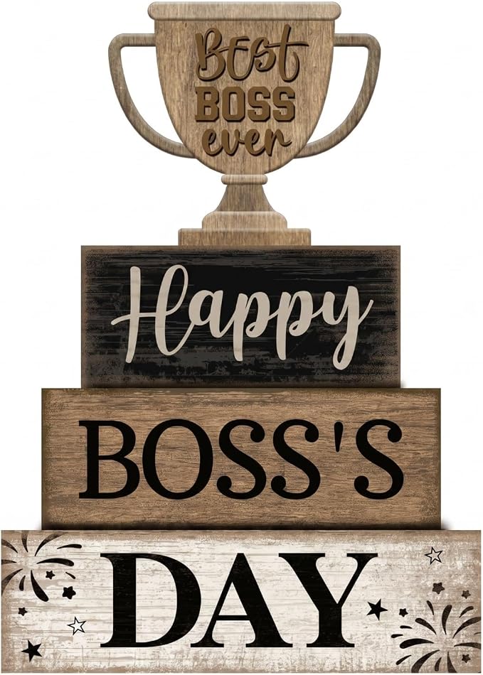 Moucuny 4 Pcs Boss's Day Table Decoration Rustic Trophy Wooden Blocks Decor for Office Desk Best Boss Ever Celebration Centerpiece Ideal Boss Appreciation Gift for Office Celebration