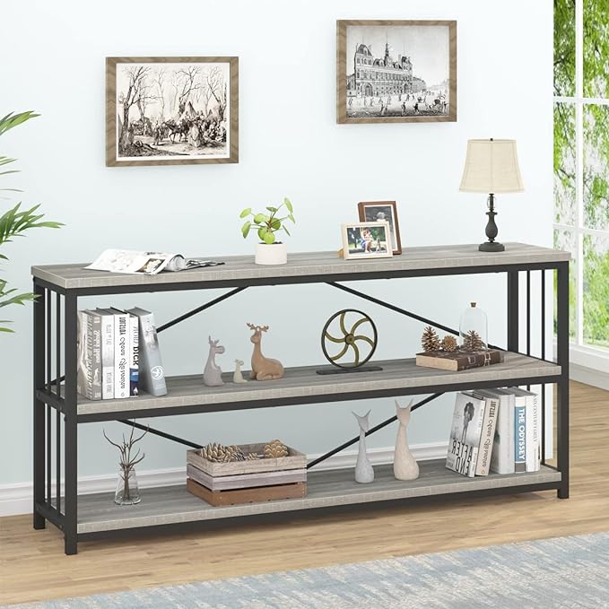 IBF Low Long Horizontal Bookshelf, Industrial Modern 3 Tier Etagere Bookcase, Large Wide Open Rustic Metal and Wood Grey Book Shelf for Bedroom Living Room Home Office Storage, Light Grey Oak, 63 Inch