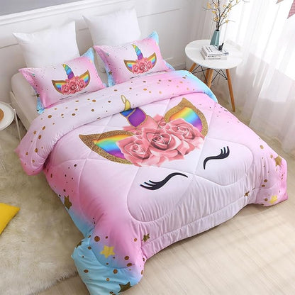Kids Unicorn Bedding Set Twin Size for Girls, Pink Rainbow Girls Twin Comforter Set with 2 Pillowcases, Floral Kids Unicorn Bed Set Twin, Unicorn Room Decor for Girls Bedroom, All Season
