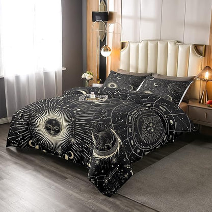 Erosebridal Bohemian Sun Moon Comforter Set, Constellation Down Comforter King Size, Starry Sky Quilted Duvet, Exotic Style Black Room Decor Duvet Insert,Super Soft Breathable Bedding Set