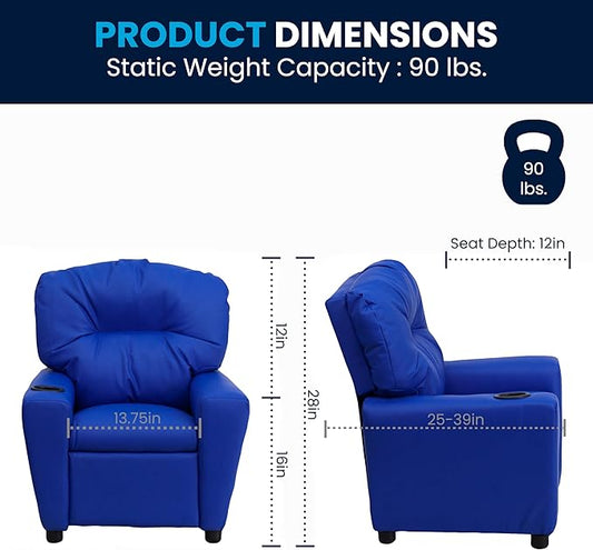 Flash Furniture Chandler Vinyl Kids Recliner with Cup Holder and Safety Recline, Contemporary Reclining Chair for Kids, Supports up to 90 lbs., Blue