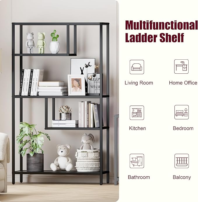HOME BI Geometric Bookshelf, Tall Modern Etagere Bookcase, Industrial Metal Book Shelf with 5 Open Display Shelves for Office Living Room, Black