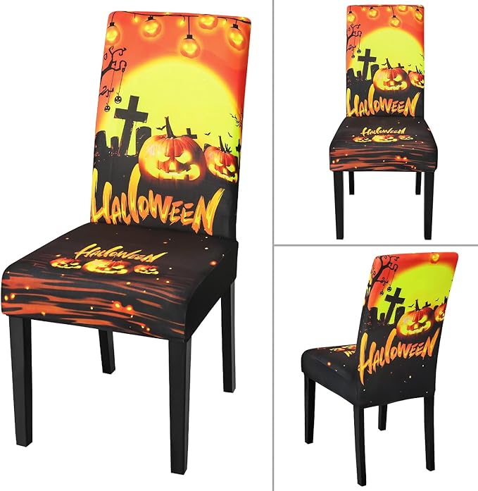 JQinHome Orange Halloween Chair Slipcover, Pumpkin Chair Covers Set of 4, High Stretch Washable Chair Protector Cover for Dining Room, Kitchen,Home Party,Wedding Ceremony(Orange,4PC)