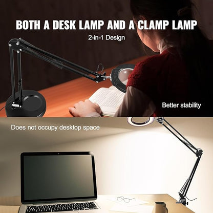 VEVOR 5X Magnifying Glass with Light and Stand, 【Upgraded】 5 Color Modes Stepless Dimmable, 4.3" Glass Lens Magnifier Desk lamp, 2-in-1 Magnifying Light and Stand for Crafts, Reading, Close Work