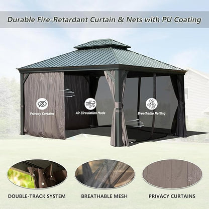 Domi 10' X 12' Hardtop Gazebo Outdoor Metal Gazebo with Galvanized Steel Double Roof Canopy, Aluminum Frame, Curtains and Netting for Patio, Deck, Garden, Grey
