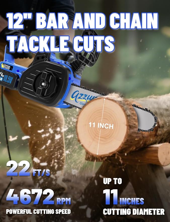AZZUNO 12 Inch Electric Chainsaw Cordless With Tool-Free Chain Tensioning and Auto Lubrication, Brushless Battery Powered Chain Saw Kit For Tree&Wood Cutting,Battery and Charger Included.