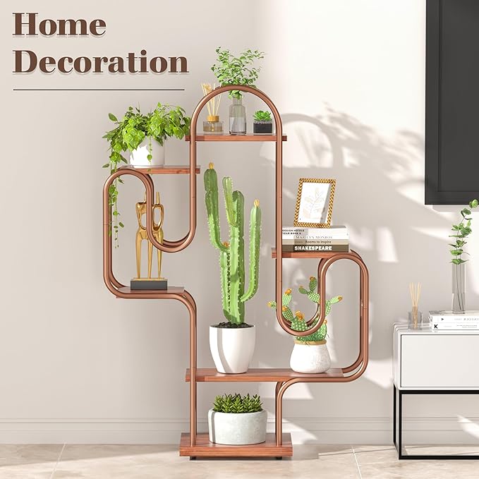 Allinside Cactus Corner Bookshelf, 6 Tiers Multipurpose Plant Stand, Heavy-Duty Metal Corner Shelf, Creative Tall Display Rack, Rustic Bookcase for Living Room, Bedroom, Home Office and Balcony