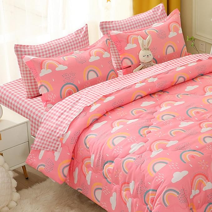 Kids Rainbow Comforter Set for Girls Teens Full Size 7 Piece Cloud Sun Pink Bedding Set 3D Cute Cartoon Love Hearts Bed in a Bag