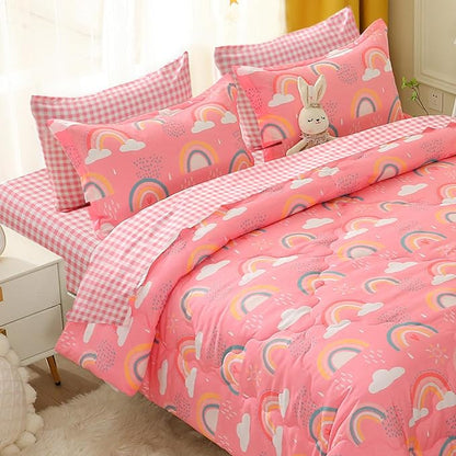 Kids Rainbow Comforter Set for Girls Teens Full Size 7 Piece Cloud Sun Pink Bedding Set 3D Cute Cartoon Love Hearts Bed in a Bag
