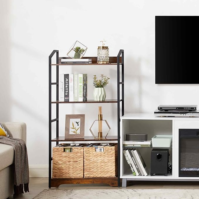 Vagusicc 4 Tier Bookshelf with 2 Storage Baskets, Tall Bookcase Shelf Storage Organizer Wood Book Shelf, Modern Shelf Rack Shelves with Steel Frame, Multipurpose Bookshelf for Bedroom Living Room